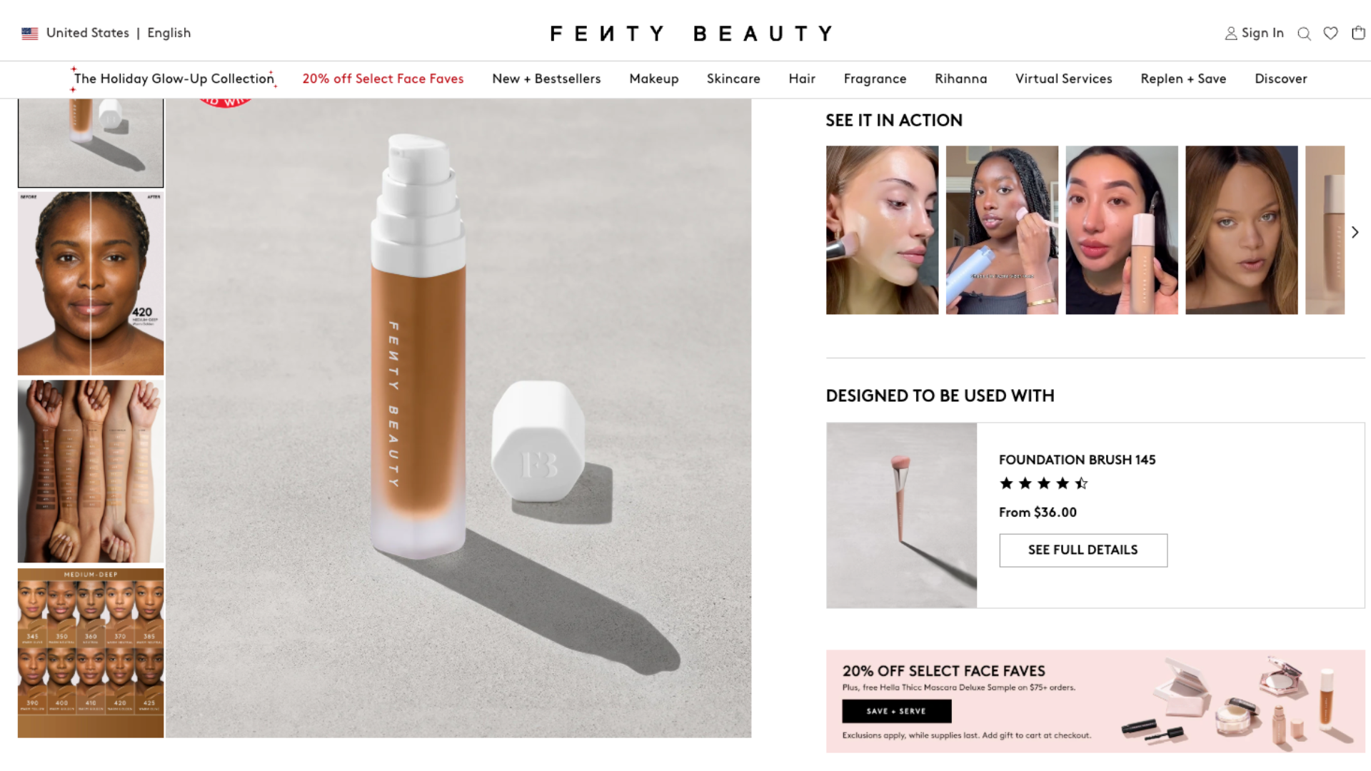 screenshot of the fenty beauty website showing a foundation product page with UGC content