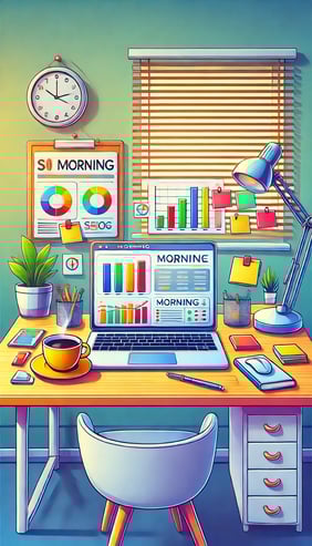 DALL·E 2024-11-30 11.44.31 - An illustration for a blog post detailing the stages of an SEO specialists daily tasks. The image shows a vibrant desk setup representing the morning