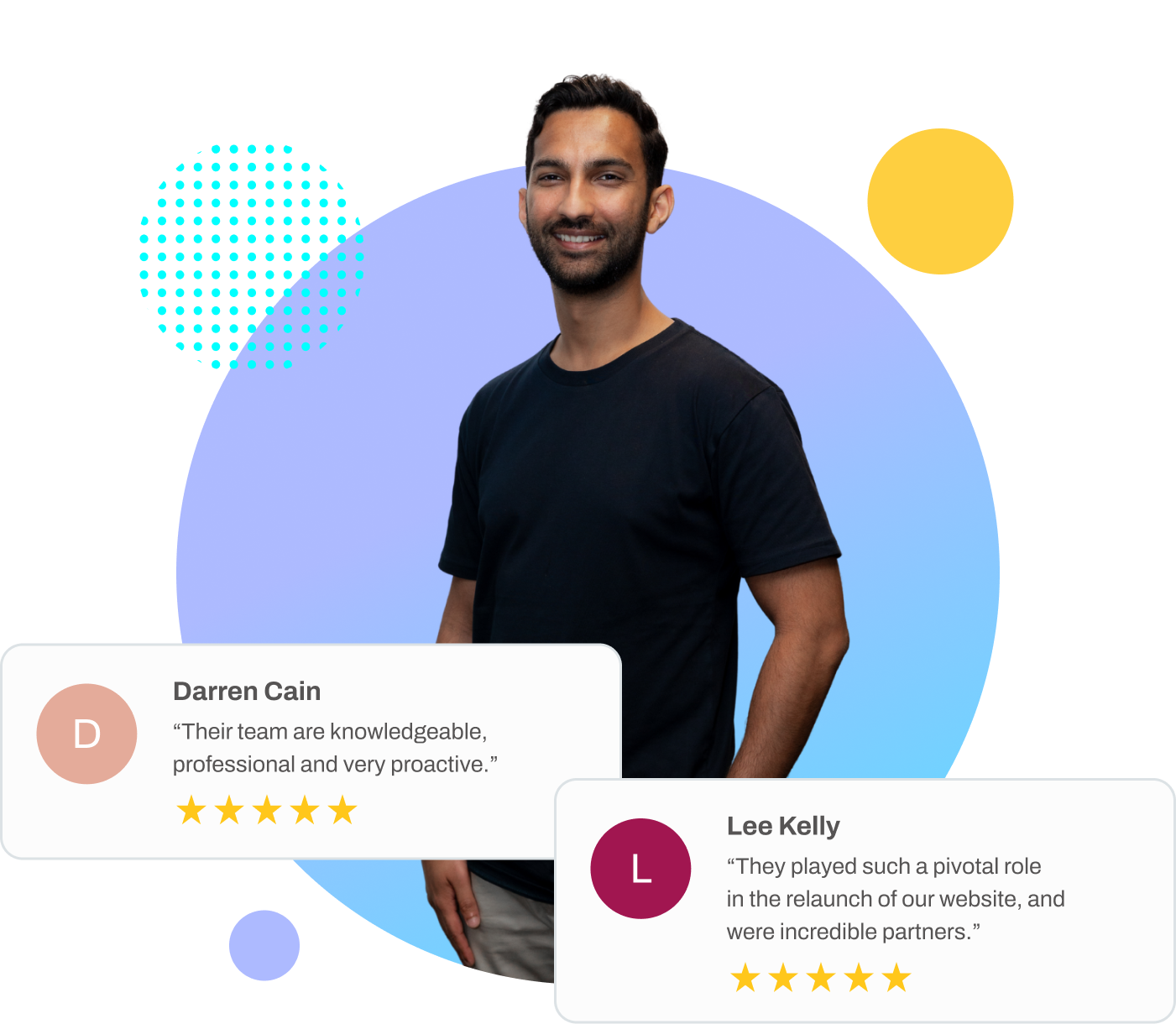 Justin from StudioHawk surrounded by five-star client reviews