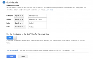 phone call google analytics goal details