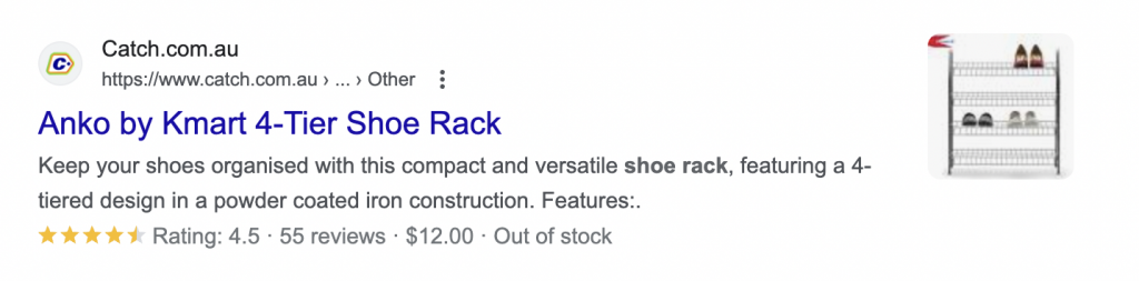 screenshot of product schema on SERPs