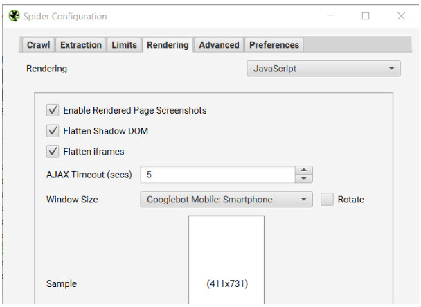Javascript rendering setting screaming frog