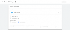 Example trigger set up for phone calls tracking 
