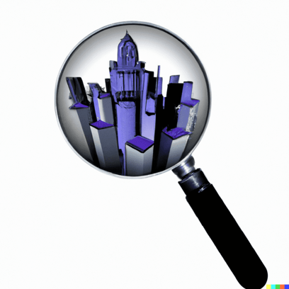 a-magnifying-glass-looking-down-at-buildings-in-a-futuristic-style
