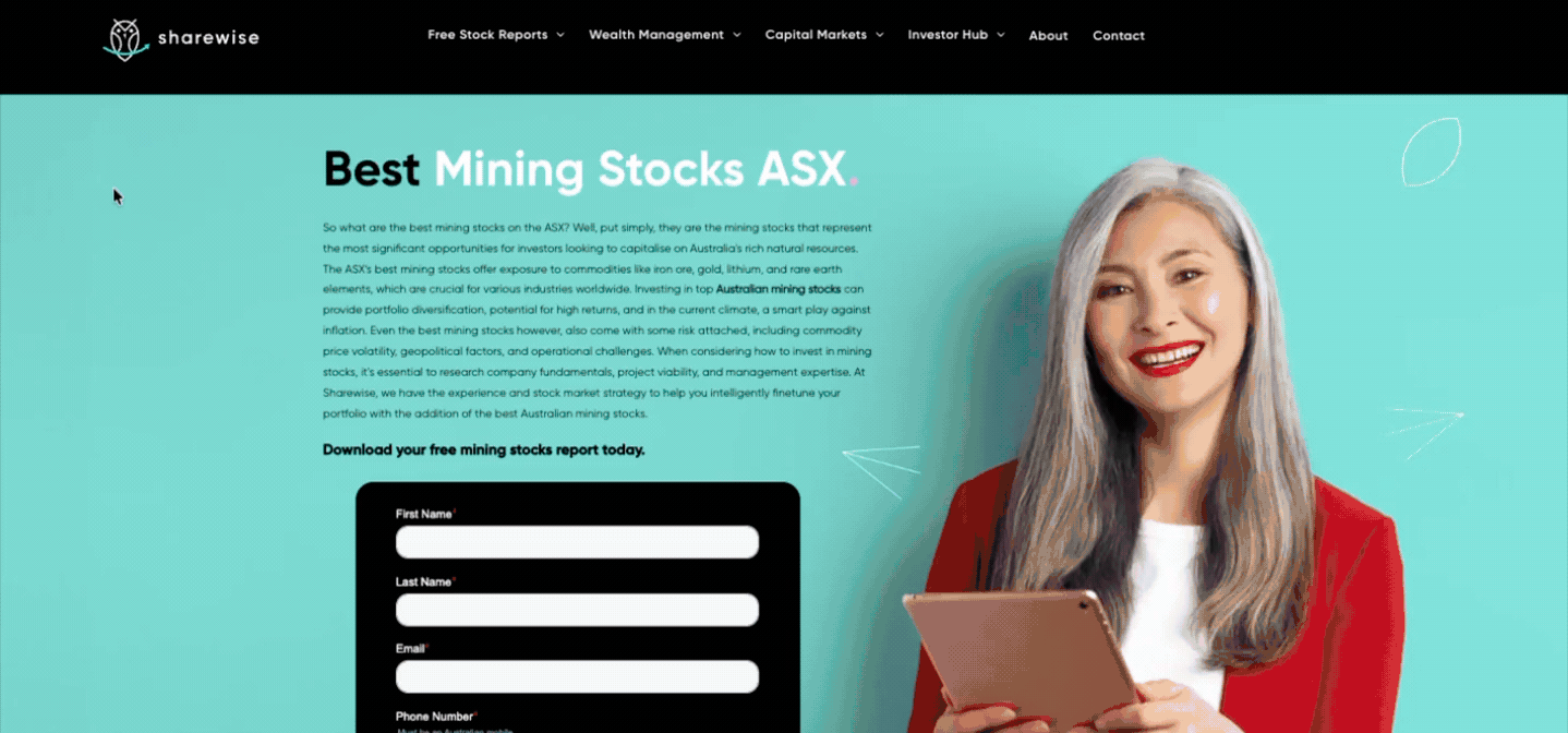 Sharewise Best Mining Stocks ASX landing page with free report download form