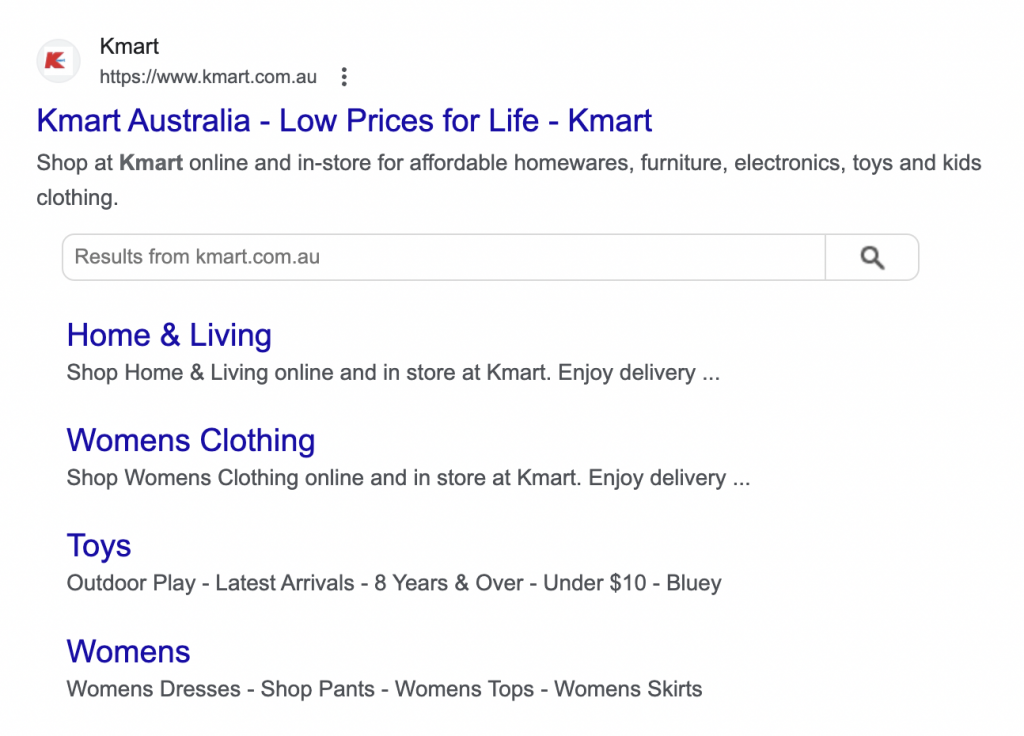 screenshot of kmart home page listing in SERPs
