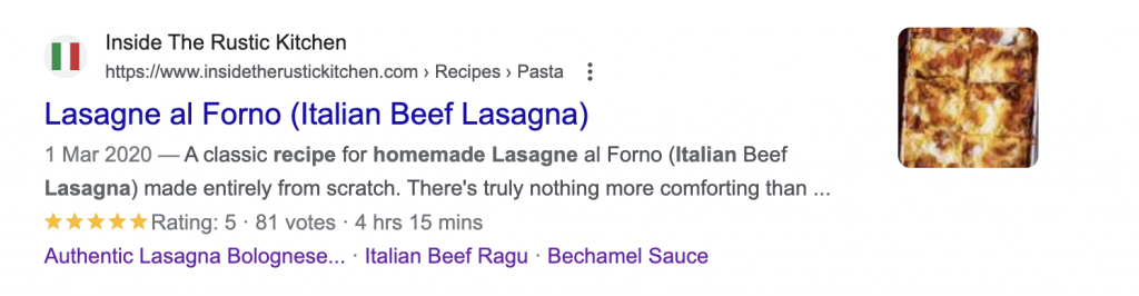 screenshot of recipe schema for an Italian Lasagne