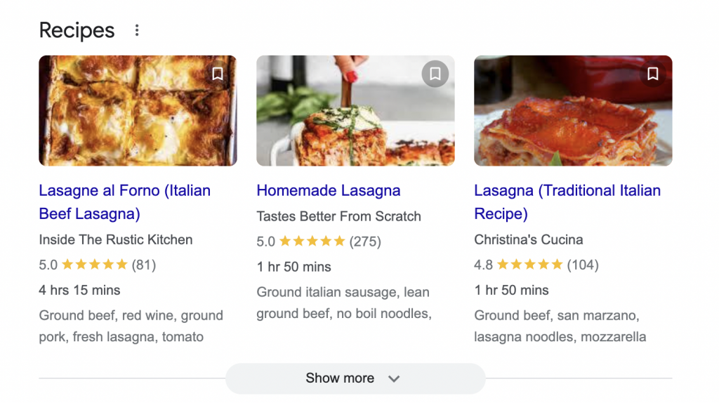 screenshot of recipes rich results in SERPs